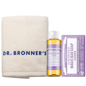 Dr. Bronner's Organic Cotton Towel, Lavender Magic Soap 100mL, Lavender Magic Bar Soap 140g