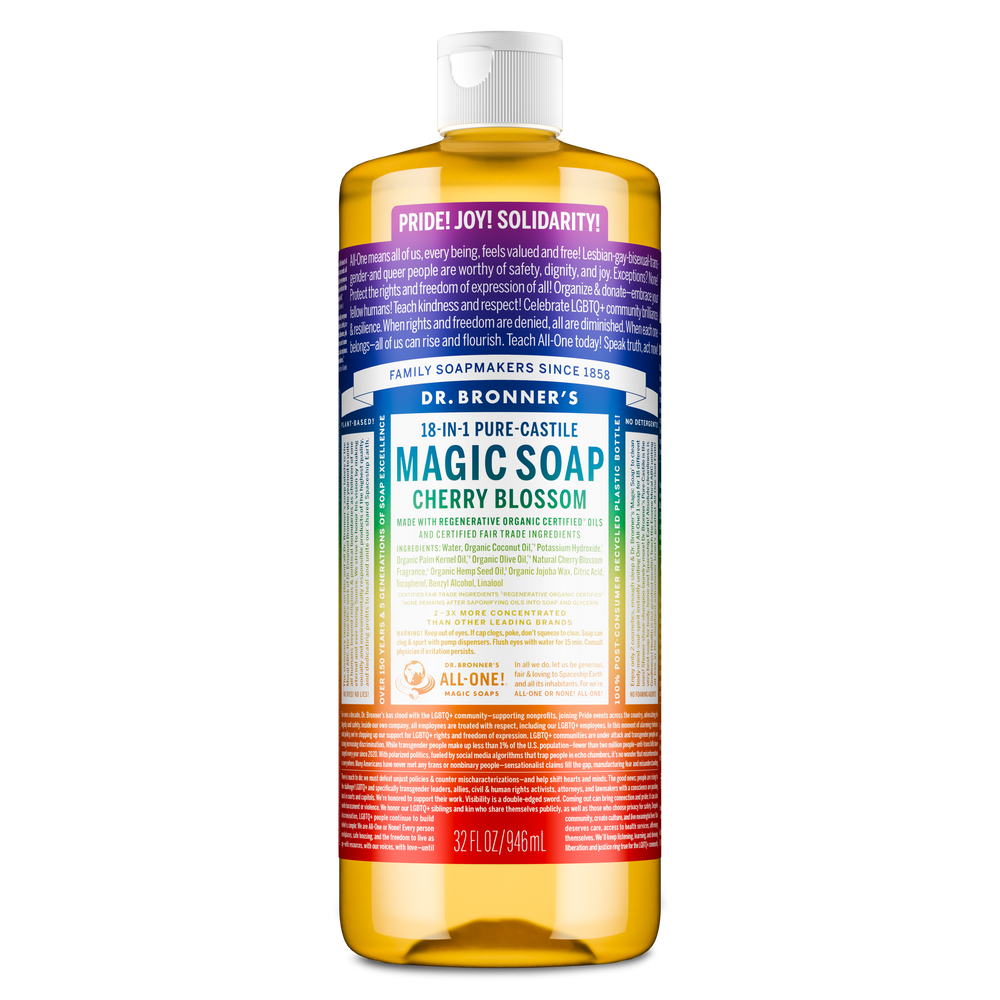 Dr. Bronner's Magic Soap bottle with cherry blossom scent on a white background