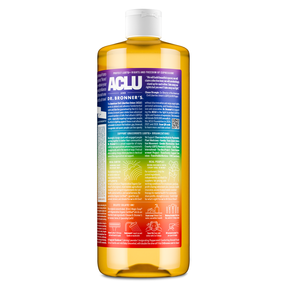 Dr. Bronner's soap bottle with colorful label on a white background